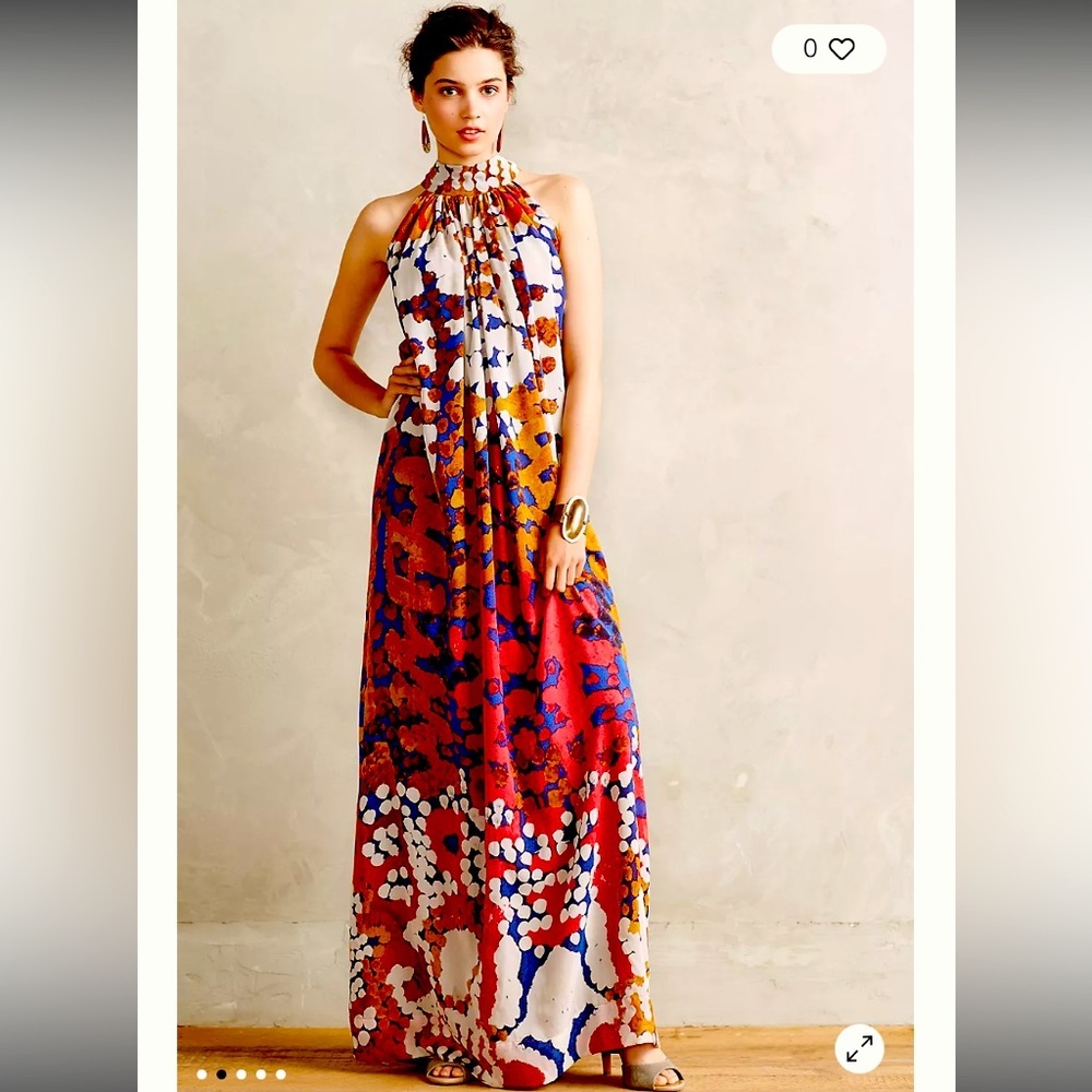 Anthropologie Red and Blue Patterned Maxi Dress